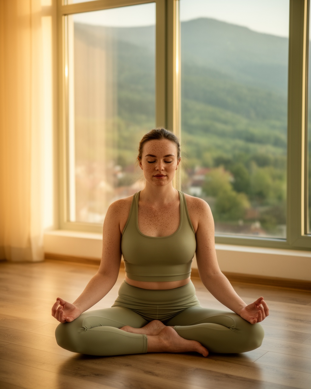 Femeie practicând yoga la răsărit, Brașov